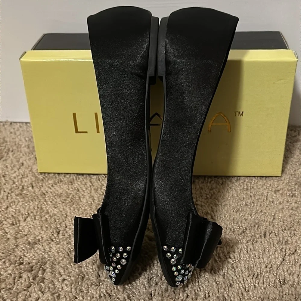 Liliana Black Satin Bow Rhinestones Ballerina Flats Size 7.5 New in Box